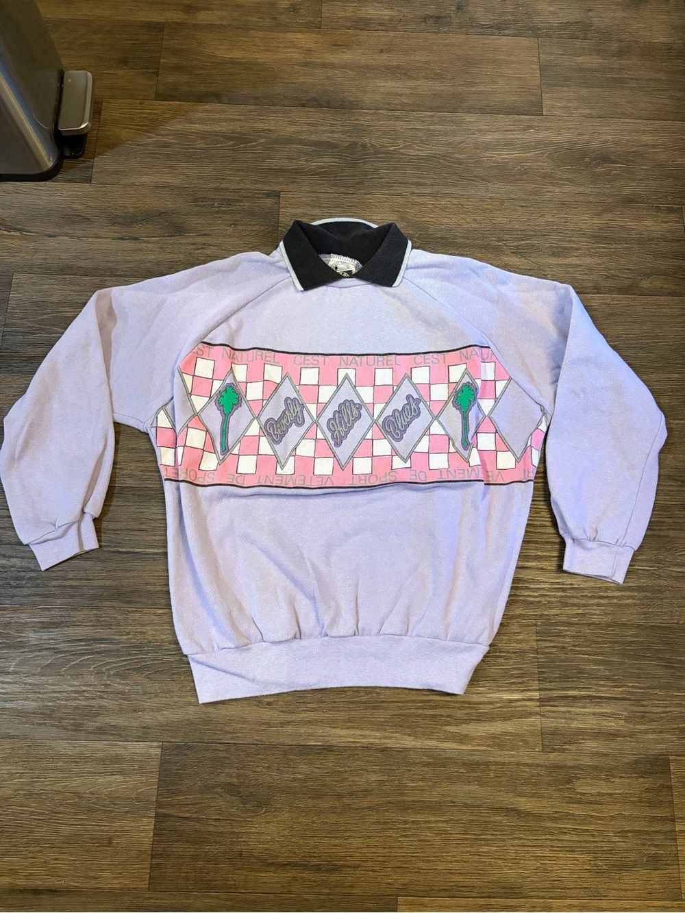 80s Women’s Pastel Palm Tree Collared Beverly Hills Club Lavendar Crewneck - Picture 2 of 8